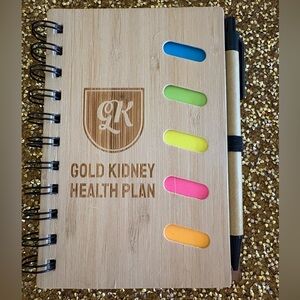 Inspirational NWT Gold Kidney Health Plan Bamboo Notebook with Pen